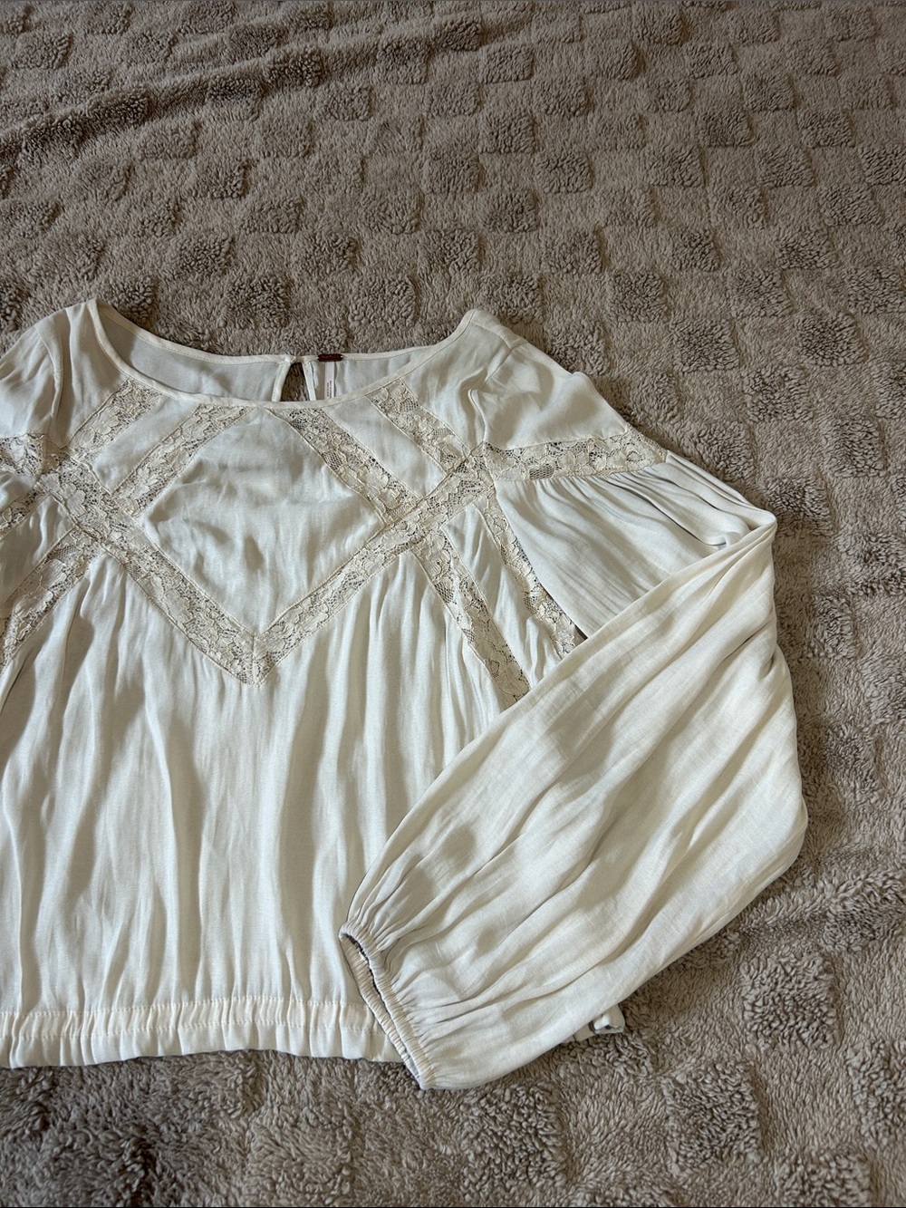 Free People Ivory Lace Boho Crop Top XS Balloon Sleeve Cottagecore